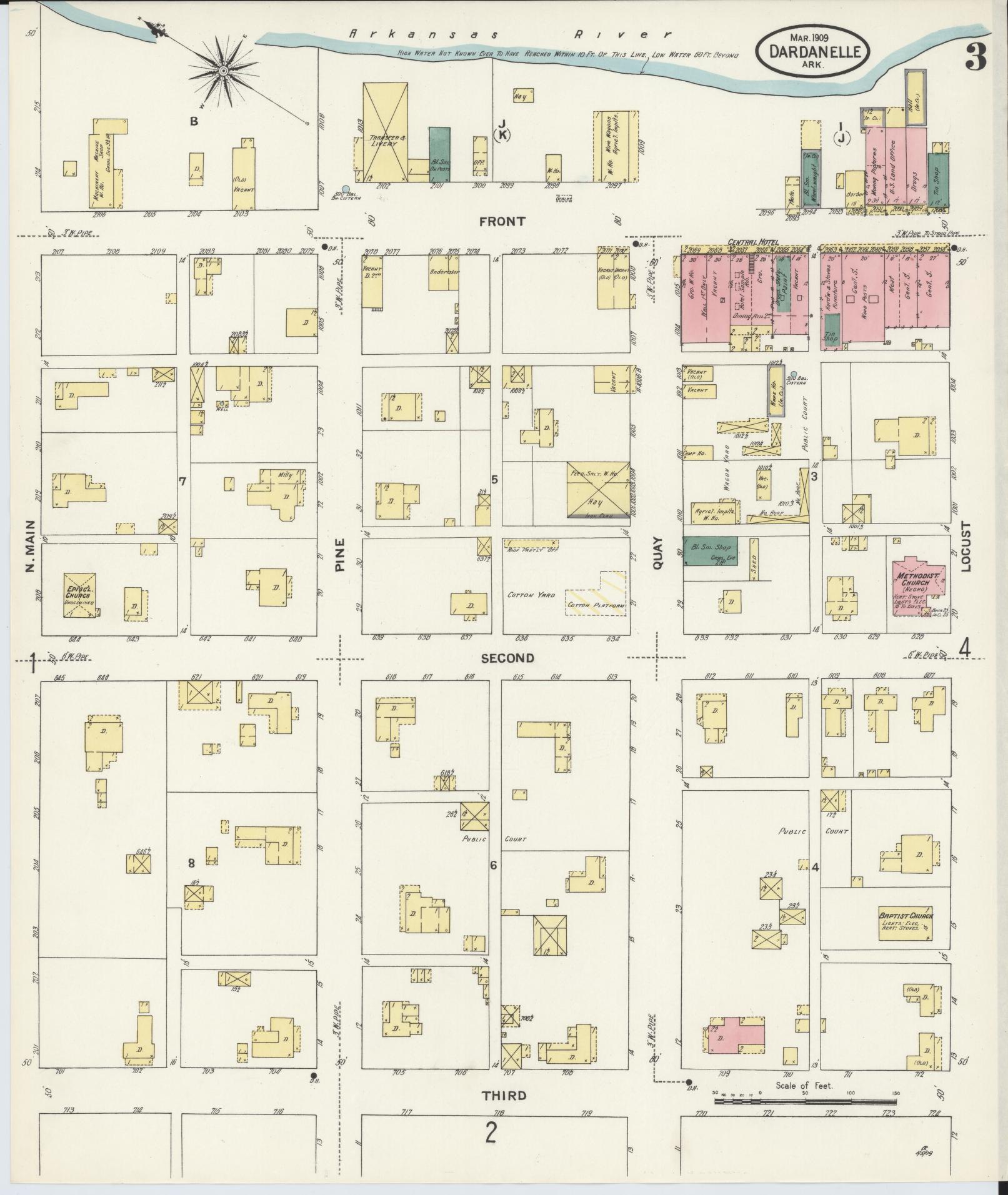 Sanborn Fire Insurance Map from Dardanelle, Yell County, Arkansas (1909), Sheet #0003 - Complete Map Set gallery image, historic Sanborn map, vintage wall art, Arkansas Arkansas