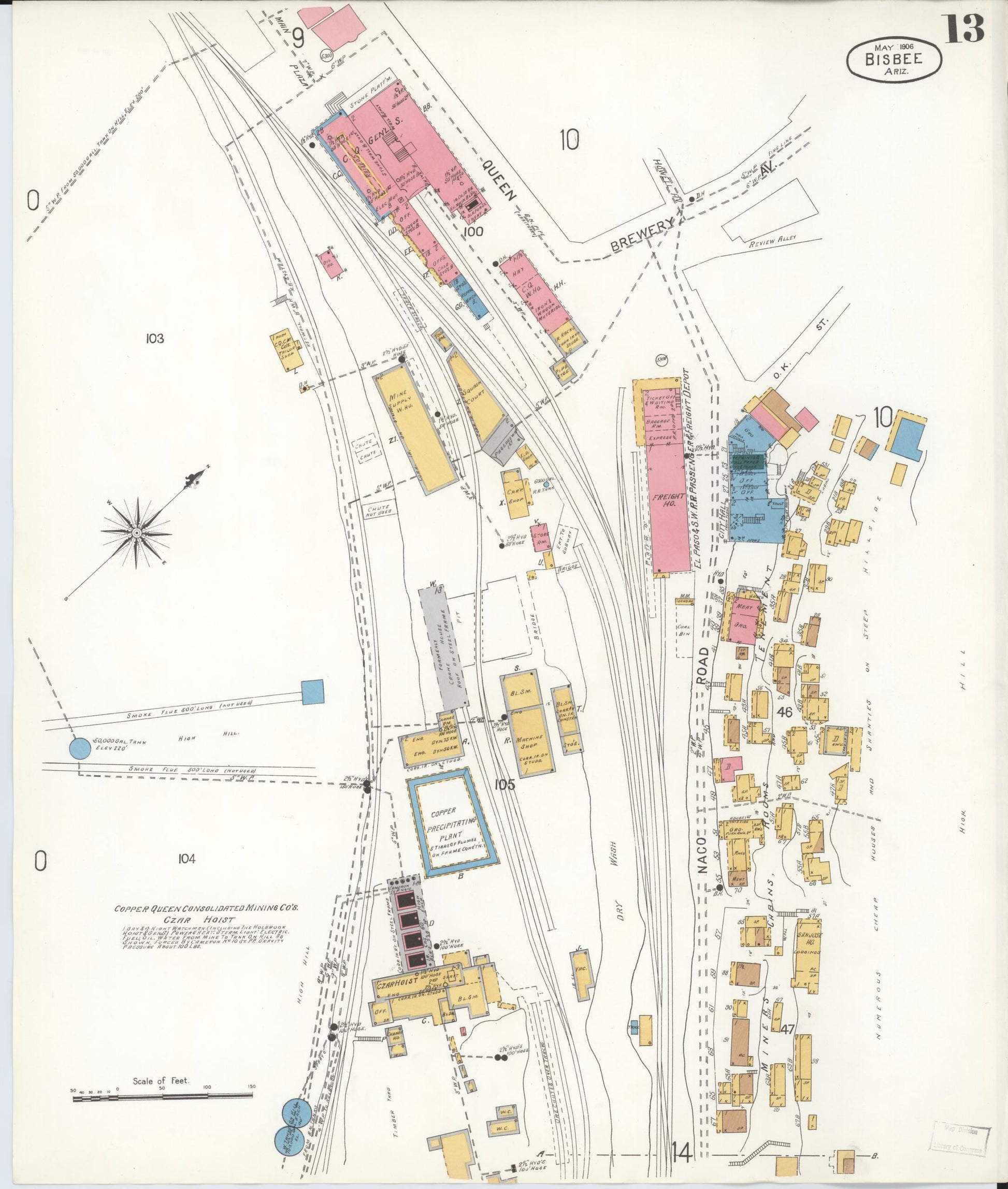 Sanborn Fire Insurance Map from Bisbee, Cochise County, Arizona (1906), Sheet #0013 - Complete Map Set gallery image, historic Sanborn map, vintage wall art, Arizona Arizona