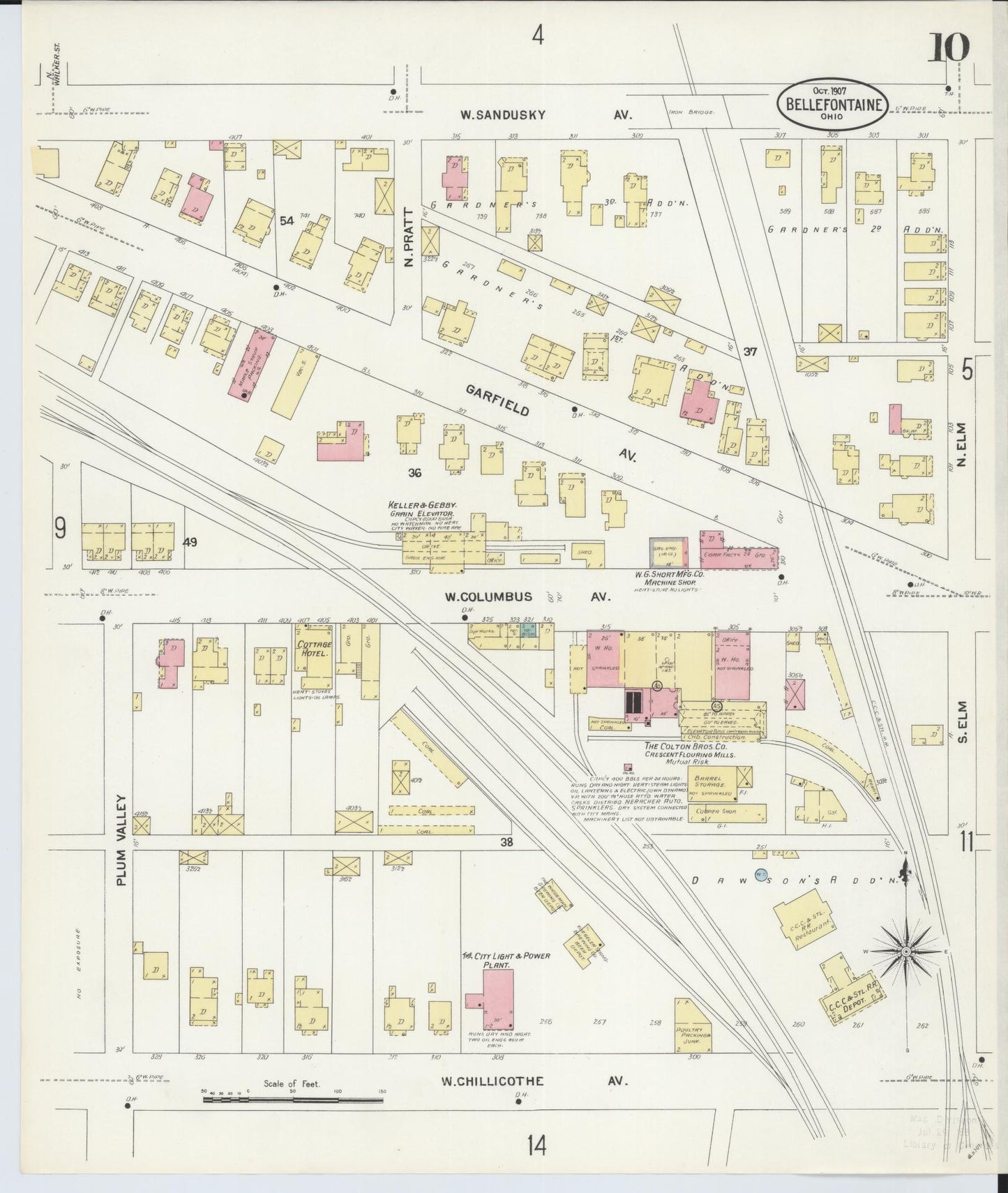 Sanborn Fire Insurance Map from Bellefontaine, Logan County, Ohio (1907), Sheet #0010 - Historic Sanborn Fire Insurance Map Print, vintage old map wall art, antique decor, genealogy gift, Ohio Ohio map