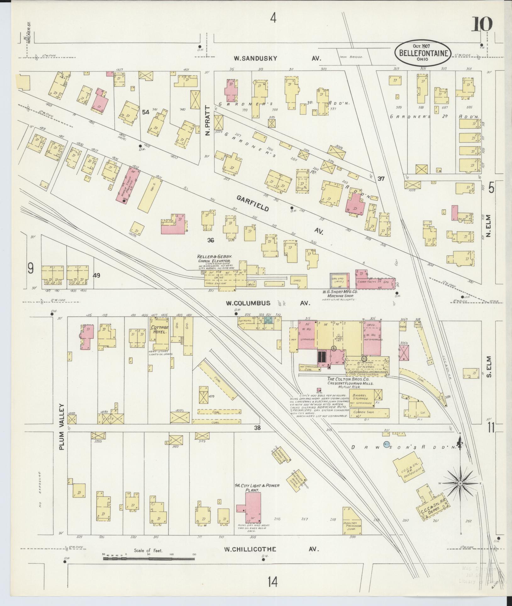 Sanborn Fire Insurance Map from Bellefontaine, Logan County, Ohio (1907), Sheet #0010 - Historic Sanborn Fire Insurance Map Print, vintage old map wall art, antique decor, genealogy gift, Ohio Ohio map