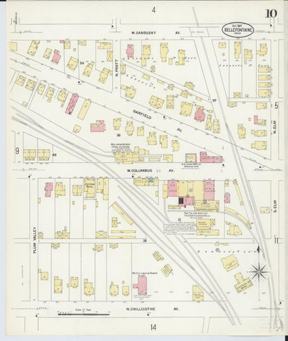Sanborn Fire Insurance Map from Bellefontaine, Logan County, Ohio (1907), Sheet #0010 - Historic Sanborn Fire Insurance Map Print, vintage old map wall art, antique decor, genealogy gift, Ohio Ohio map