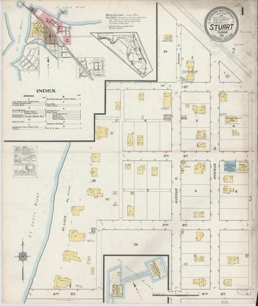 Sanborn Fire Insurance Map from Stuart, Martin County, Florida (1915), Sheet #0001 - Historic Sanborn Fire Insurance Map Print, vintage old map wall art, antique decor, genealogy gift, Florida Florida map