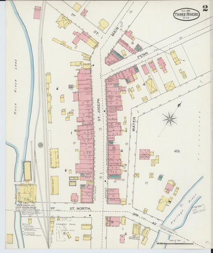 Sanborn Fire Insurance Map from Three Rivers, Saint Joseph County, Michigan (1893), Sheet #0002 - Historic Sanborn Fire Insurance Map Print, vintage old map wall art, antique decor, genealogy gift, Michigan Michigan map