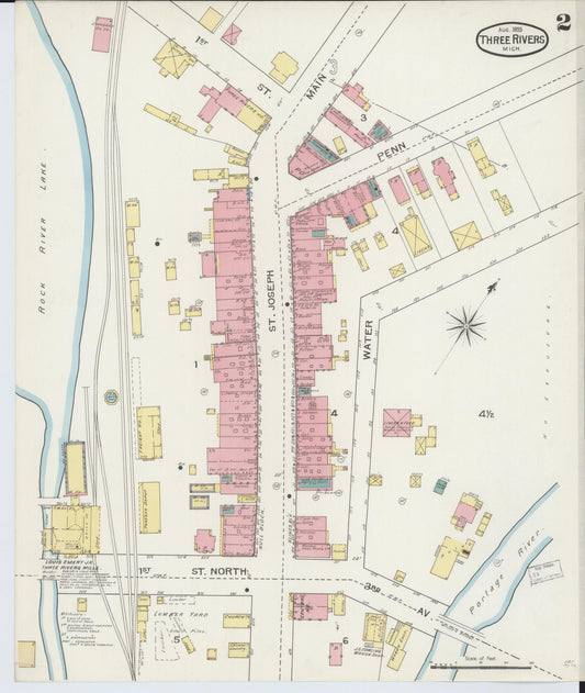 Sanborn Fire Insurance Map from Three Rivers, Saint Joseph County, Michigan (1893), Sheet #0002 - Historic Sanborn Fire Insurance Map Print, vintage old map wall art, antique decor, genealogy gift, Michigan Michigan map