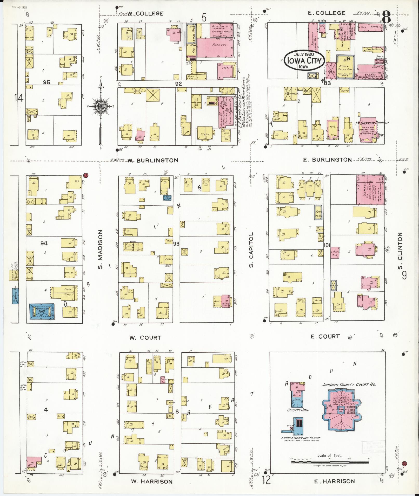 Sanborn Fire Insurance Map from Iowa City, Johnson County, Iowa (1920), Sheet #0008 - Historic Sanborn Fire Insurance Map Print, vintage old map wall art