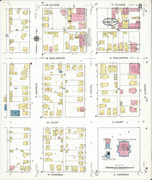 Sanborn Fire Insurance Map from Iowa City, Johnson County, Iowa (1920), Sheet #0008 - Historic Sanborn Fire Insurance Map Print, vintage old map wall art