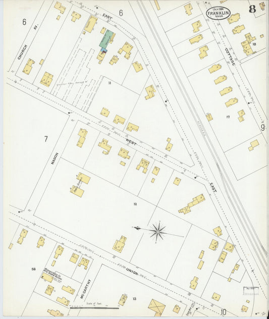 Sanborn Fire Insurance Map from Franklin, Norfolk County, Massachusetts (1904), Sheet #0008 - Historic Sanborn Fire Insurance Map Print, vintage old map wall art, antique decor, genealogy gift, Massachusetts Massachusetts map