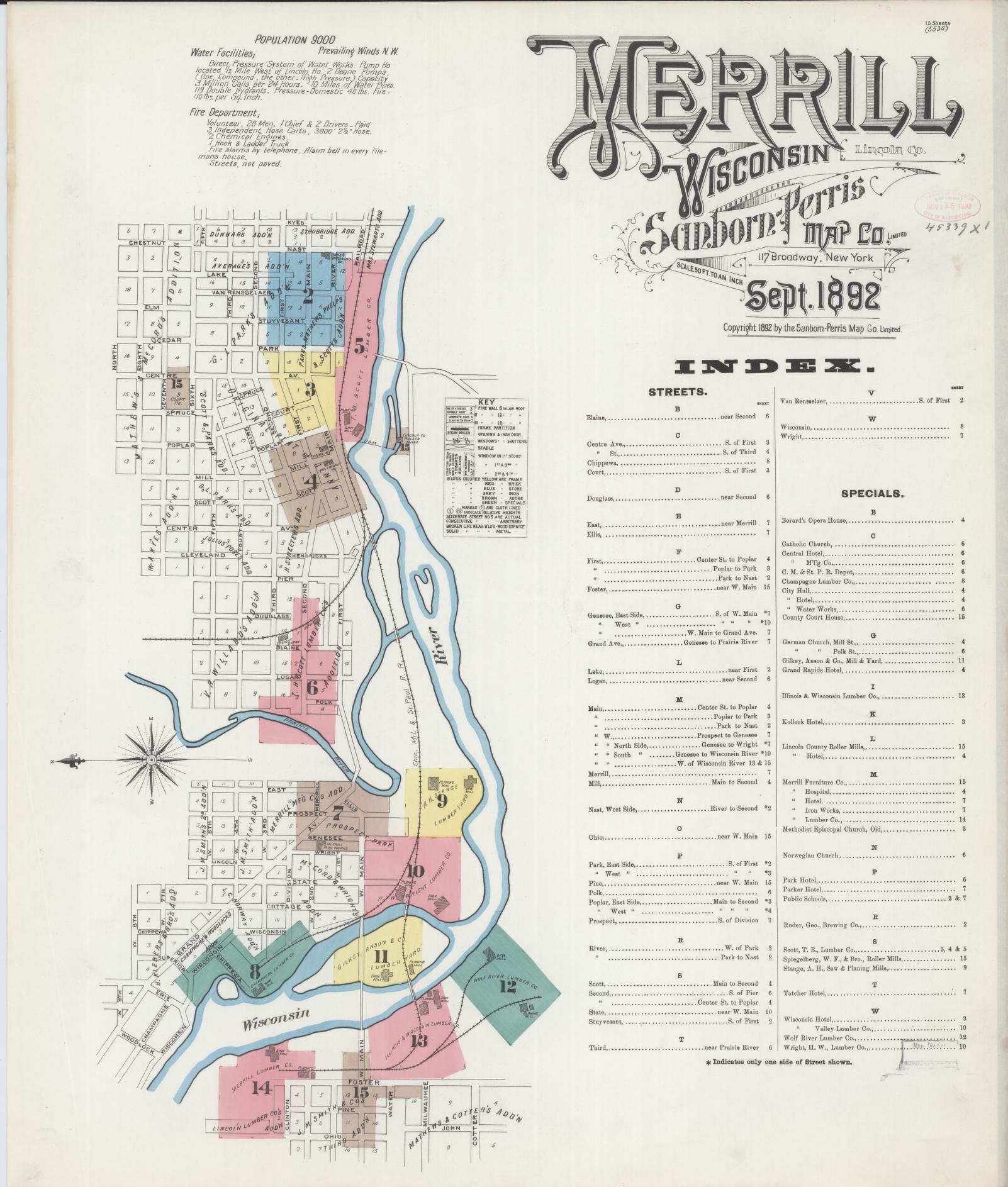 Sanborn Fire Insurance Map from Merrill, Lincoln County, Wisconsin (1892), Sheet #0001 - Historic Sanborn Fire Insurance Map Print, vintage old map wall art, antique decor, genealogy gift, Wisconsin Wisconsin map