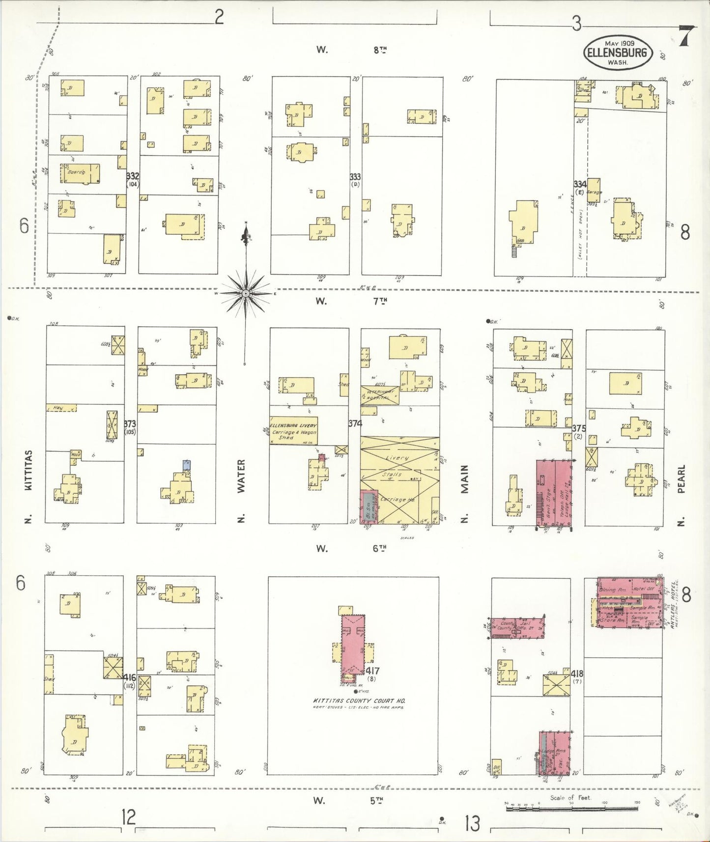 Sanborn Fire Insurance Map from Ellensburg, Kittitas County, Washington (1909), Sheet #0007 - Historic Sanborn Fire Insurance Map Print, vintage old map wall art, antique decor, genealogy gift, Washington Washington map