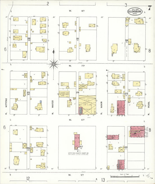 Sanborn Fire Insurance Map from Ellensburg, Kittitas County, Washington (1909), Sheet #0007 - Historic Sanborn Fire Insurance Map Print, vintage old map wall art, antique decor, genealogy gift, Washington Washington map