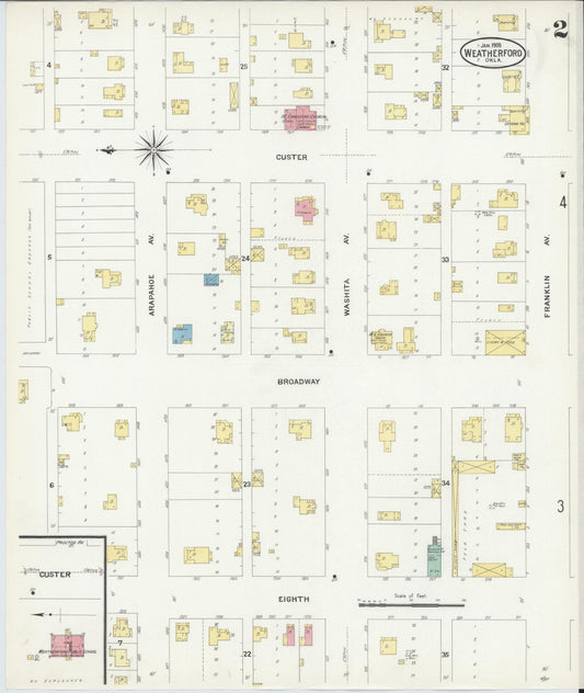 Sanborn Fire Insurance Map from Weatherford, Custer County, Oklahoma (1909), Sheet #0002 - Historic Sanborn Fire Insurance Map Print, vintage old map wall art, antique decor, genealogy gift, Oklahoma Oklahoma map