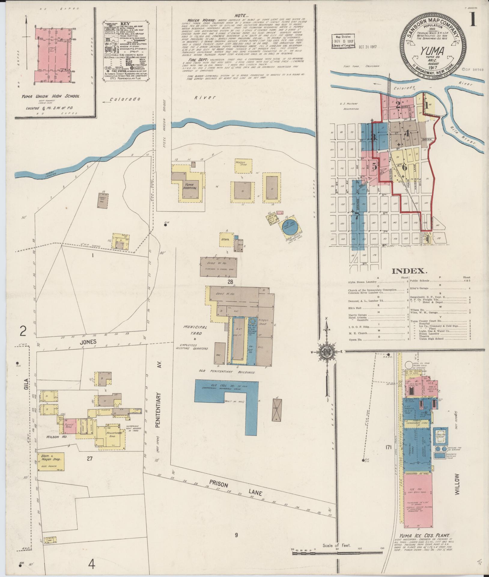 Sanborn Fire Insurance Map from Yuma, Yuma County, Arizona (1917), Sheet #0001 - Historic Sanborn Fire Insurance Map Print, vintage old map wall art, antique decor, genealogy gift, Arizona Arizona map