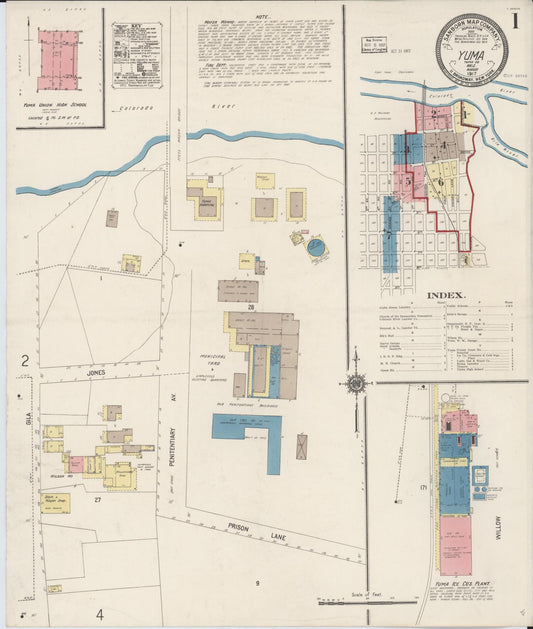 Sanborn Fire Insurance Map from Yuma, Yuma County, Arizona (1917), Sheet #0001 - Historic Sanborn Fire Insurance Map Print, vintage old map wall art, antique decor, genealogy gift, Arizona Arizona map