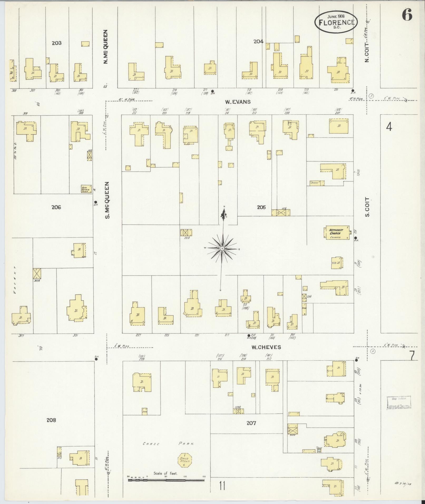 Sanborn Fire Insurance Map from Florence, Florence County, South Carolina (1908), Sheet #0006 - Historic Sanborn Fire Insurance Map Print, vintage old map wall art, antique decor, genealogy gift, South Carolina South Carolina map