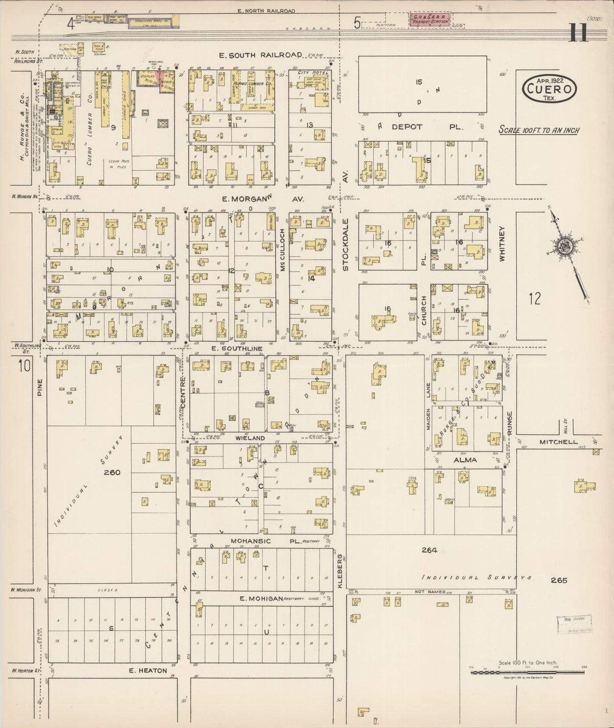 Sanborn Fire Insurance Map from Cuero, De Witt County, Texas (1922), Sheet #0011 - Historic Sanborn Fire Insurance Map Print, vintage old map wall art, antique decor, genealogy gift, Texas Texas map