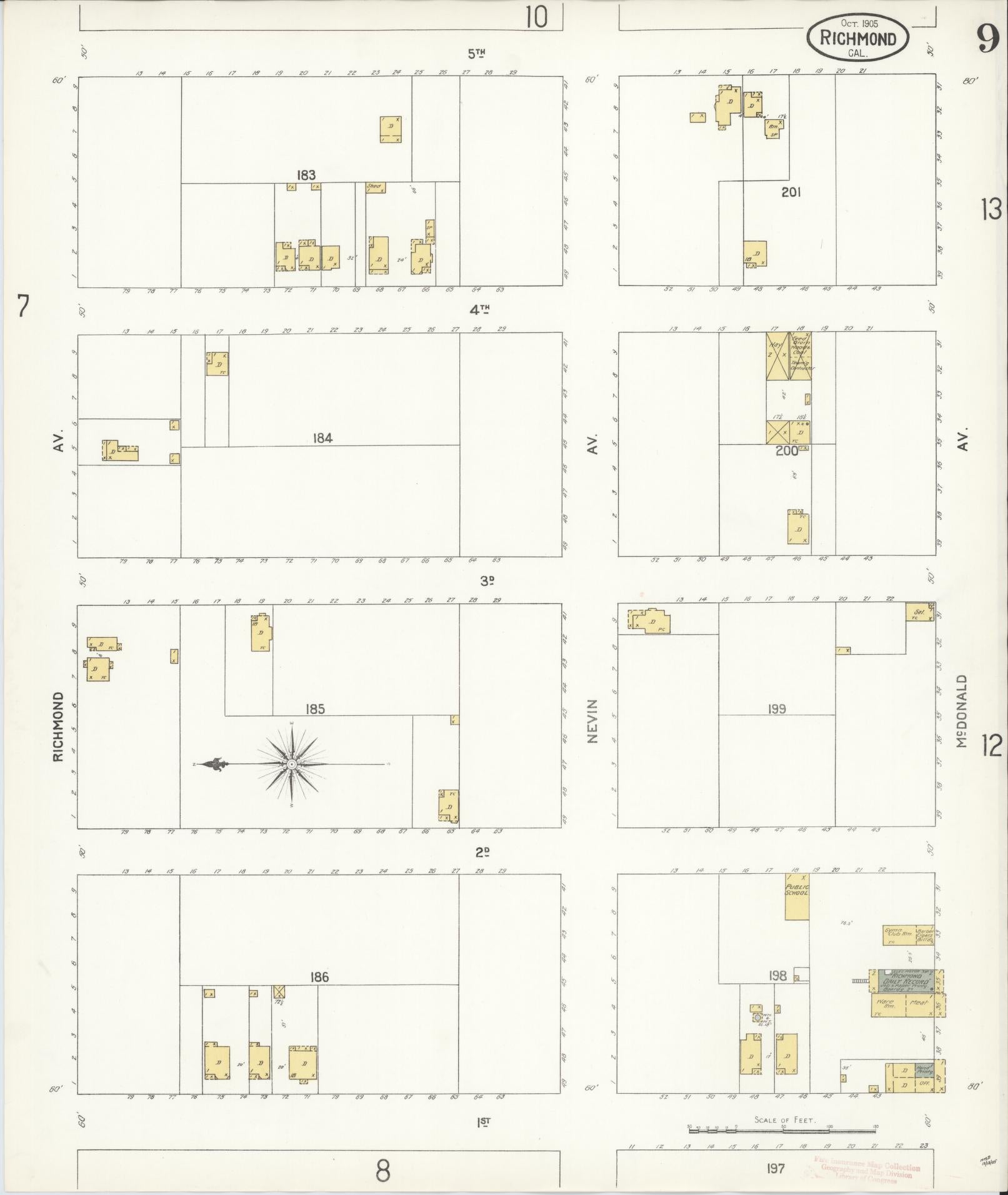 Sanborn Fire Insurance Map from Richmond, Contra Costa County, California (1905), Sheet #0009 - Complete Map Set gallery image, historic Sanborn map, vintage wall art, California California