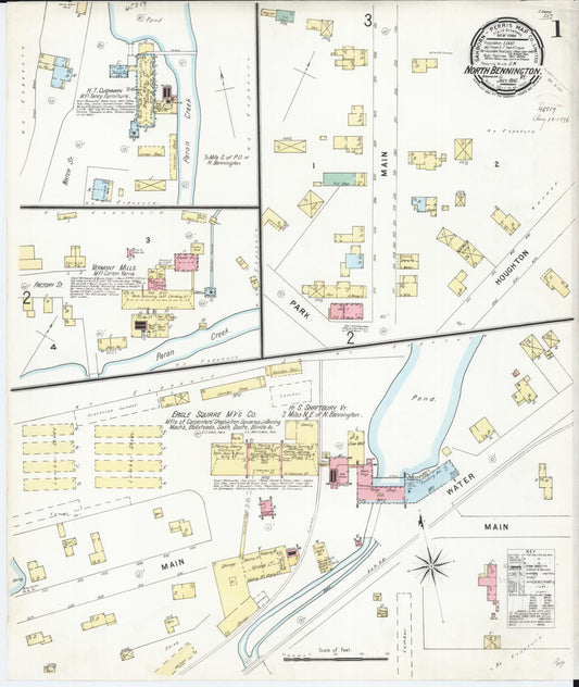 Sanborn Fire Insurance Map from North Bennington, Bennington County, Vermont (1896), Sheet #0001 - Historic Sanborn Fire Insurance Map Print, vintage old map wall art, antique decor, genealogy gift, Vermont Vermont map