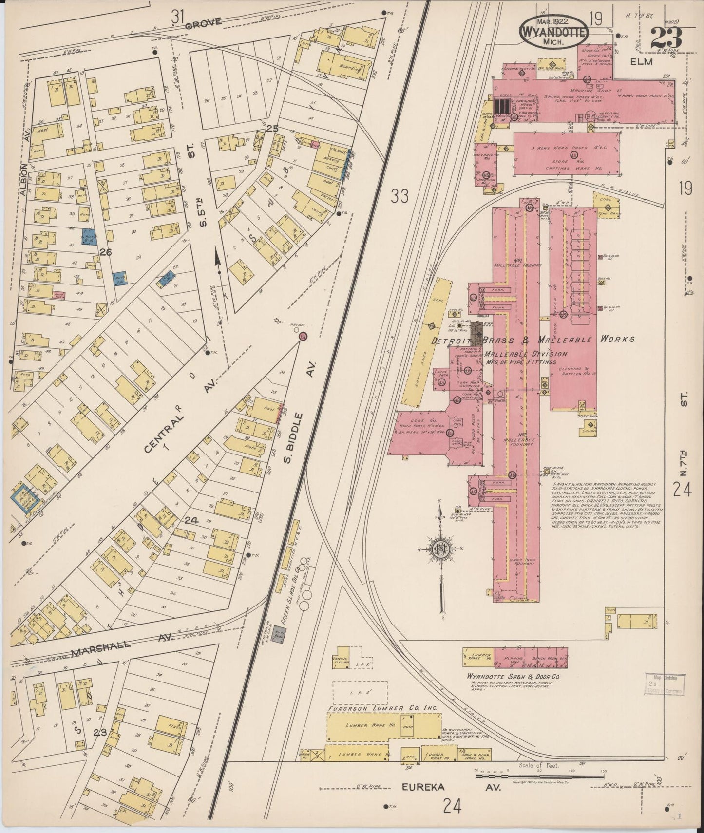 Sanborn Fire Insurance Map from Wyandotte, Wayne County, Michigan (1922), Sheet #0023 - Complete Map Set gallery image, historic Sanborn map, vintage wall art, Michigan Michigan