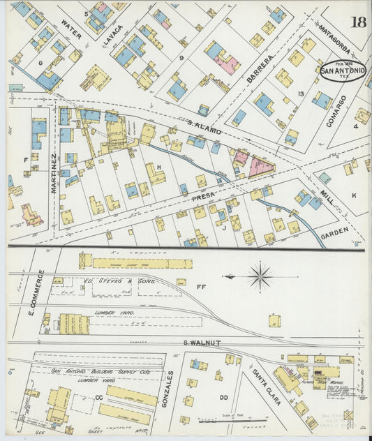 Sanborn Fire Insurance Map from San Antonio, Bexar County, Texas (1892), Sheet #0018 - Historic Sanborn Fire Insurance Map Print, vintage old map wall art, antique decor, genealogy gift, Texas Texas map