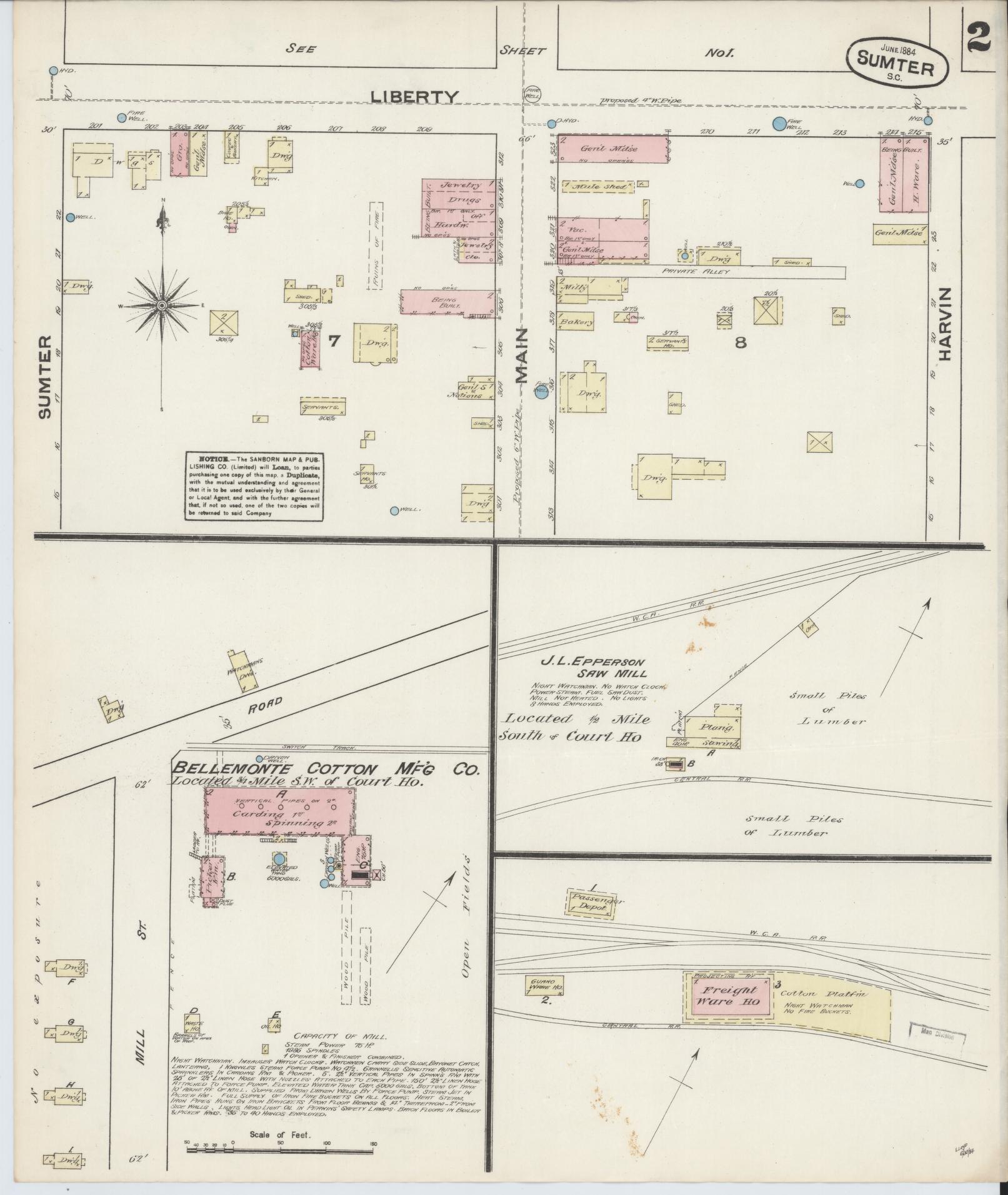 Sanborn Fire Insurance Map from Sumter, Sumter County, South Carolina (1884), Sheet #0002 - Complete Map Set gallery image, historic Sanborn map, vintage wall art, South Carolina South Carolina