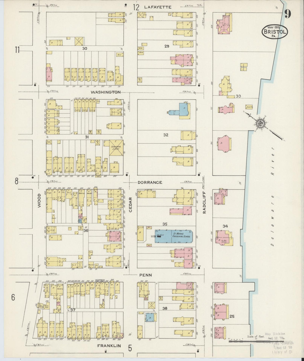 Sanborn Fire Insurance Map from Bristol, Bucks County, Pennsylvania (1915), Sheet #0009 - Complete Map Set gallery image, historic Sanborn map, vintage wall art, Pennsylvania Pennsylvania