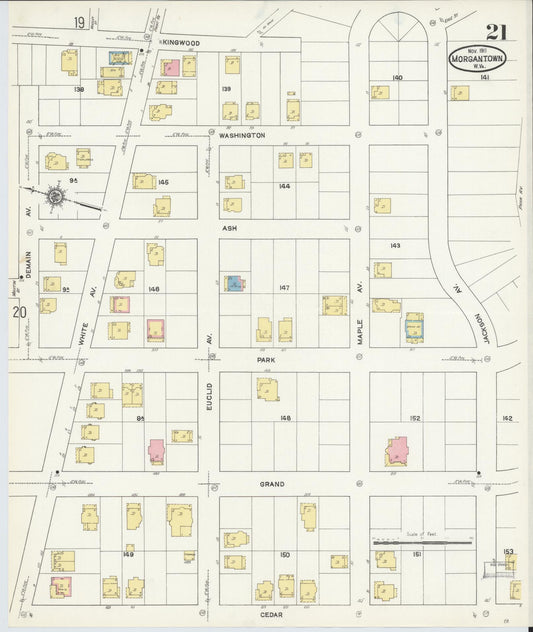 Sanborn Fire Insurance Map from Morgantown, Monongalia County, West Virginia (1911), Sheet #0021 - Historic Sanborn Fire Insurance Map Print, vintage old map wall art, antique decor, genealogy gift, West Virginia West Virginia map