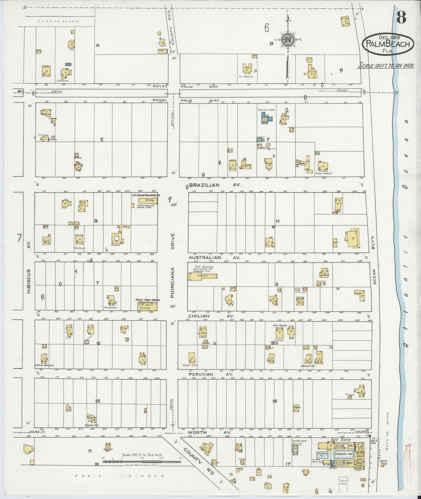 Sanborn Fire Insurance Map from Palm Beach, Palm Beach County, Florida (1919), Sheet #0008 - Complete Map Set gallery image, historic Sanborn map, vintage wall art, Florida Florida
