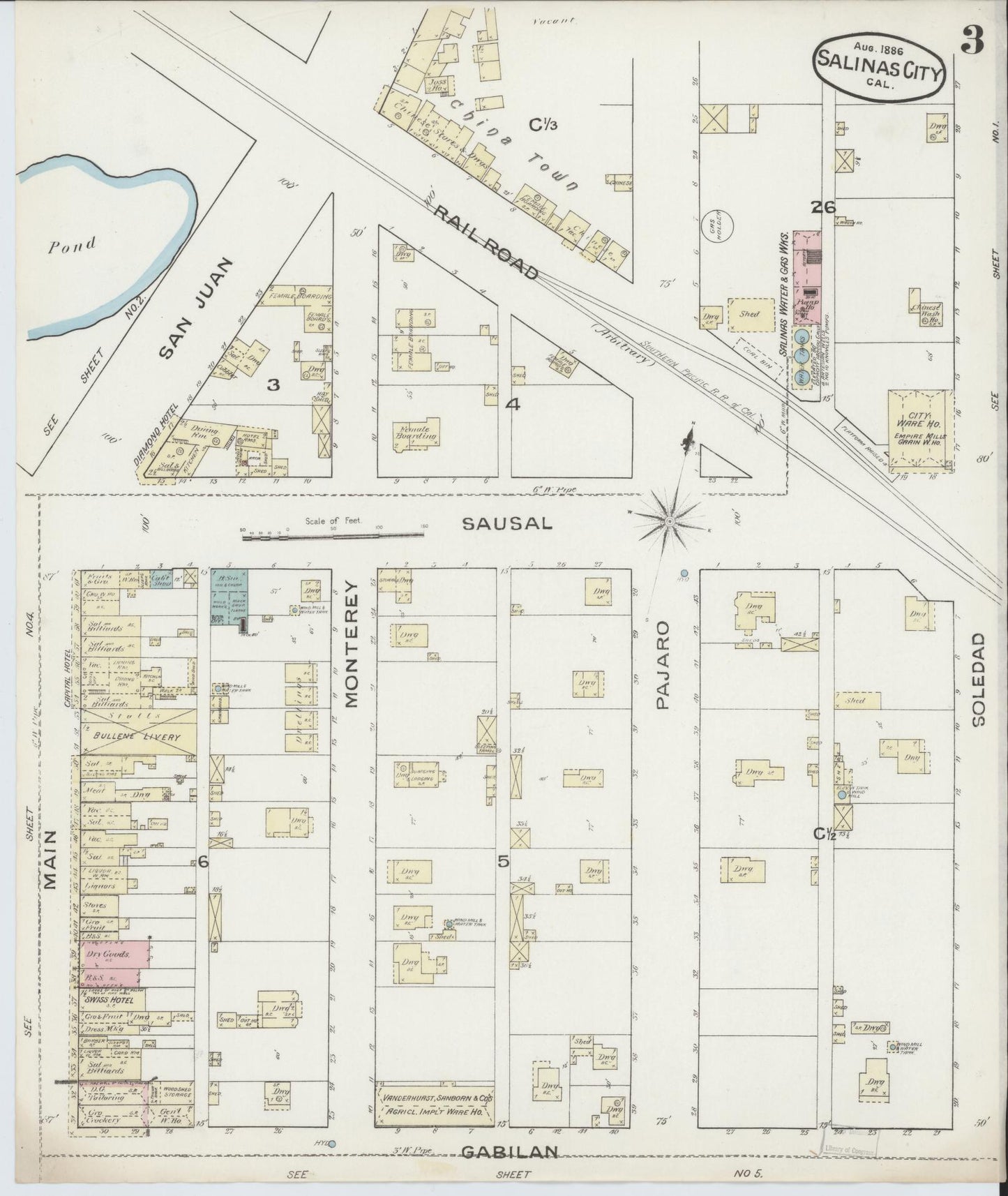 Sanborn Fire Insurance Map from Salinas, Monterey County, California (1886), Sheet #0003 - Complete Map Set gallery image, historic Sanborn map, vintage wall art, California California