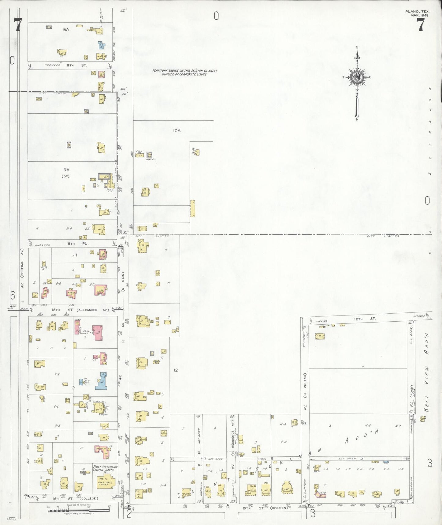 Sanborn Fire Insurance Map from Plano, Collin County, Texas (1949), Sheet #0007 - Historic Sanborn Fire Insurance Map Print, vintage old map wall art, antique decor, genealogy gift, Texas Texas map