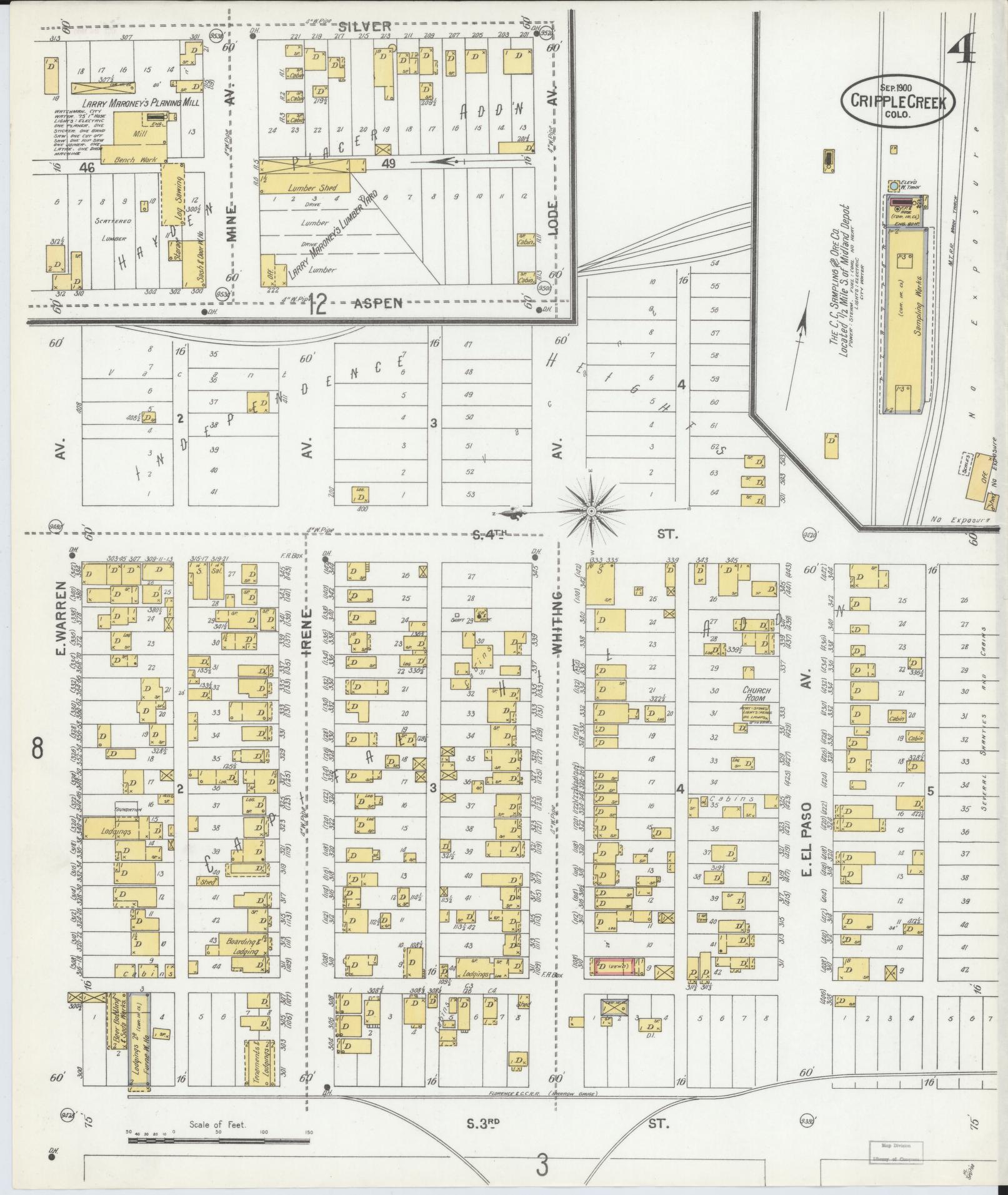 Sanborn Fire Insurance Map from Cripple Creek, Teller County, Colorado (1900), Sheet #0004 - Historic Sanborn Fire Insurance Map Print, vintage old map wall art, antique decor, genealogy gift, Colorado Colorado map
