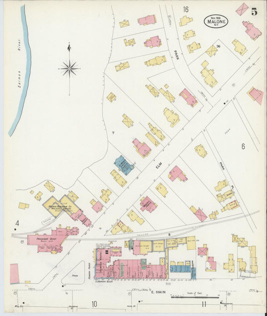 Sanborn Fire Insurance Map from Malone, Franklin County, New York (1908), Sheet #0005 - Historic Sanborn Fire Insurance Map Print, vintage old map wall art, antique decor, genealogy gift, New York New York map