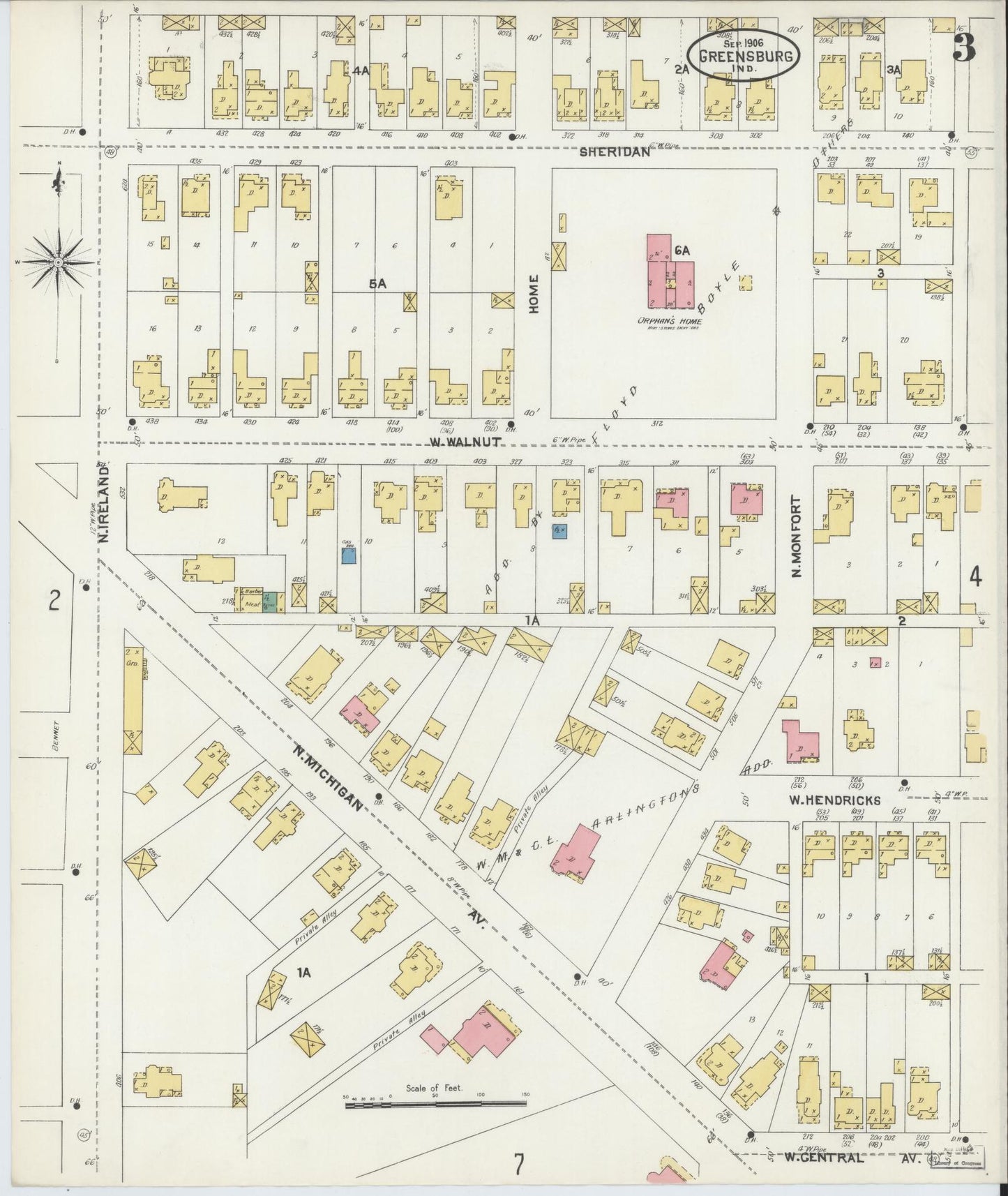 Sanborn Fire Insurance Map from Greensburg, Decatur County, Indiana (1906), Sheet #0003 - Complete Map Set gallery image, historic Sanborn map, vintage wall art, Indiana Indiana