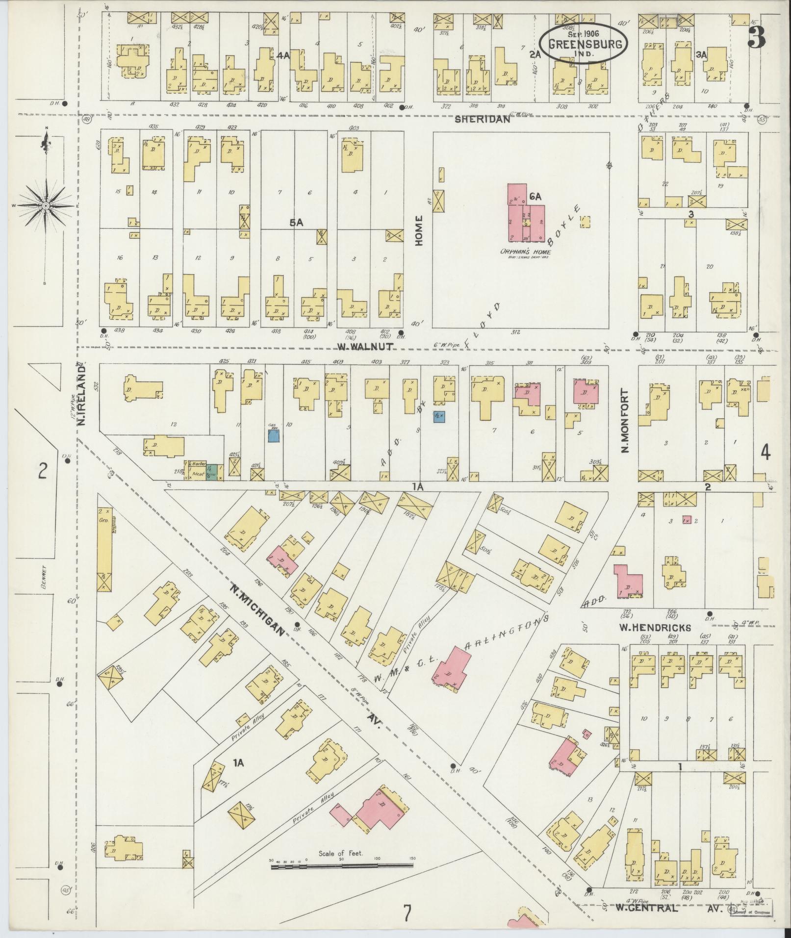 Sanborn Fire Insurance Map from Greensburg, Decatur County, Indiana (1906), Sheet #0003 - Complete Map Set gallery image, historic Sanborn map, vintage wall art, Indiana Indiana