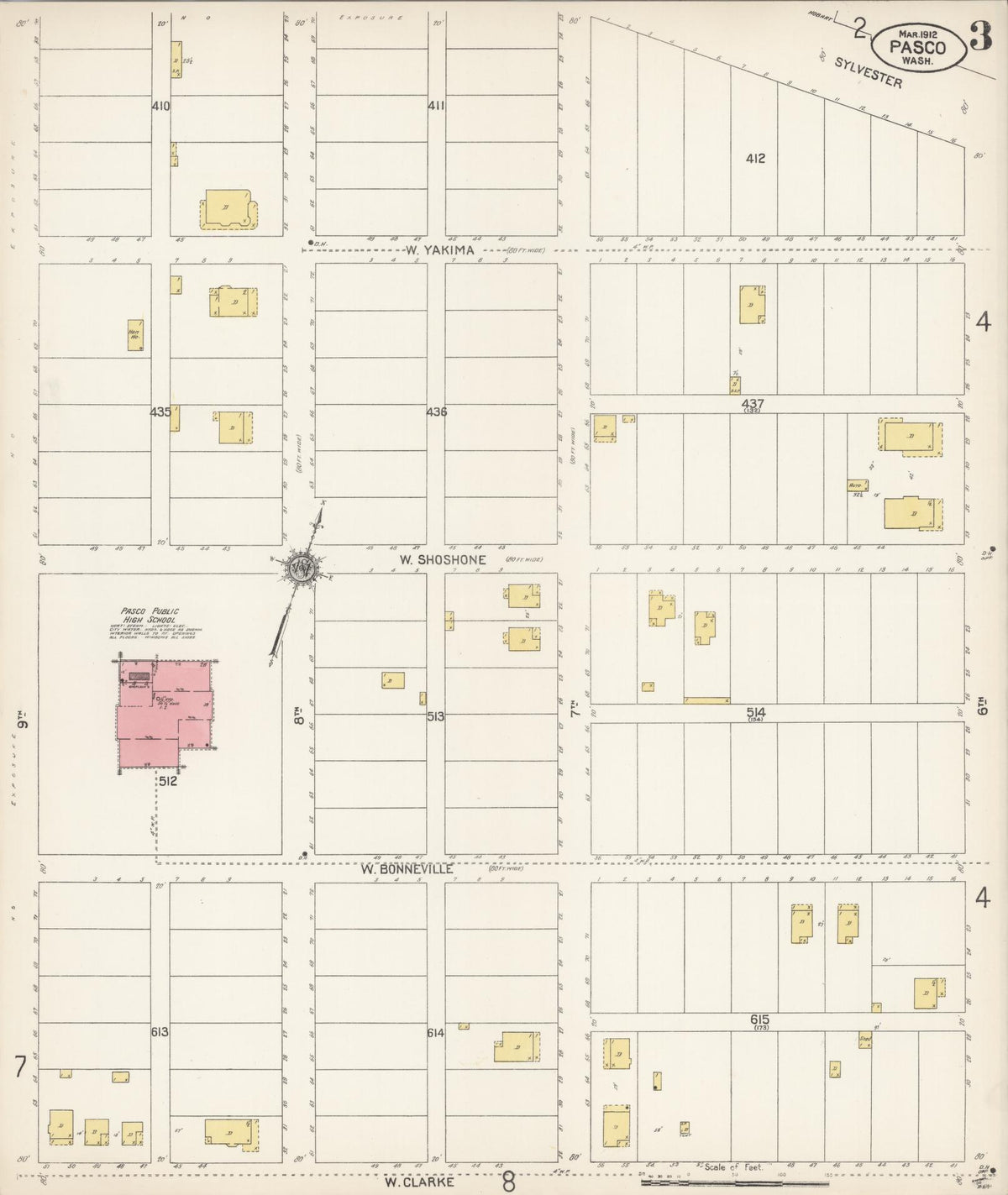 Sanborn Fire Insurance Map from Pasco, Franklin County, Washington (1912), Sheet #0003 - Historic Sanborn Fire Insurance Map Print, vintage old map wall art, antique decor, genealogy gift, Washington Washington map