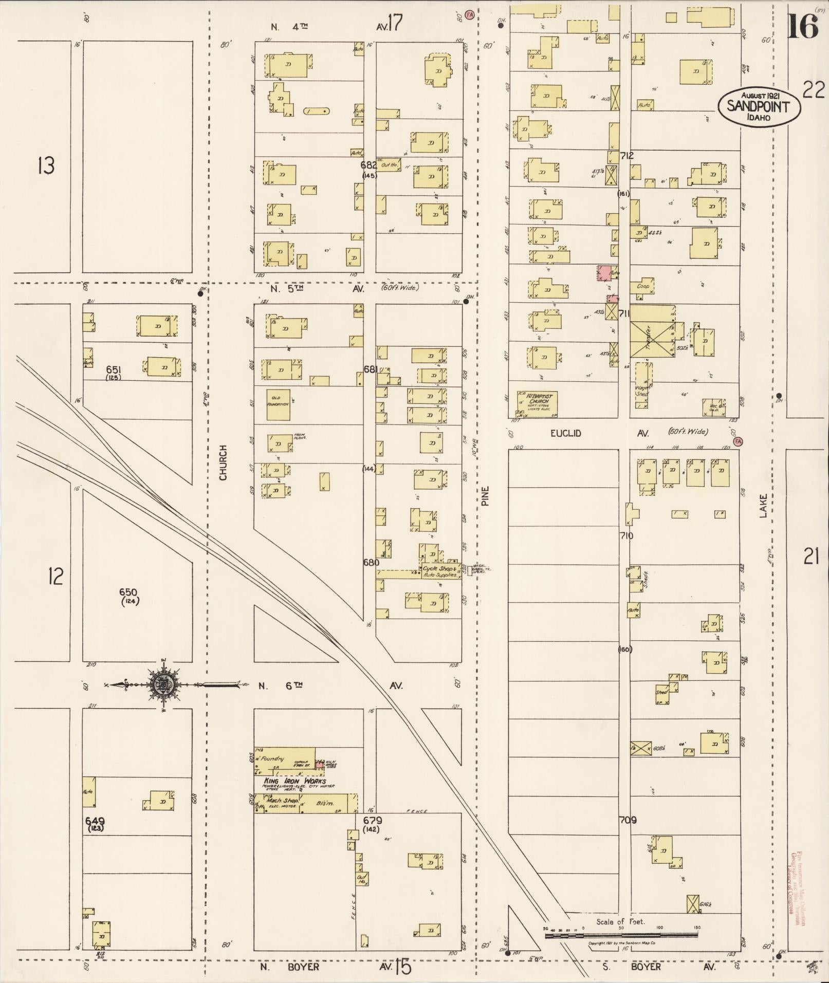 Sanborn Fire Insurance Map from Sandpoint, Bonner County, Idaho (1921), Sheet #0016 - Complete Map Set gallery image, historic Sanborn map, vintage wall art, Idaho Idaho