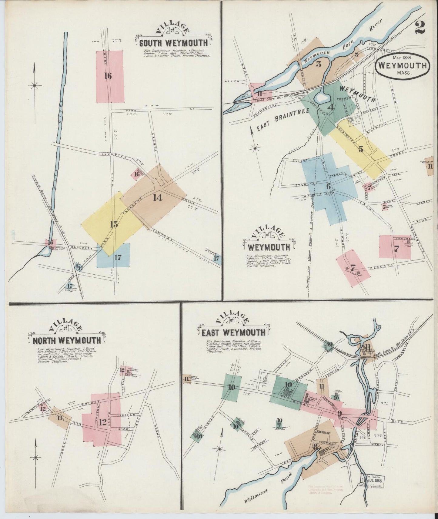 Sanborn Fire Insurance Map from Weymouth, Norfolk County, Massachusetts (1888), Sheet #0002 - Complete Map Set gallery image, historic Sanborn map, vintage wall art, Massachusetts Massachusetts