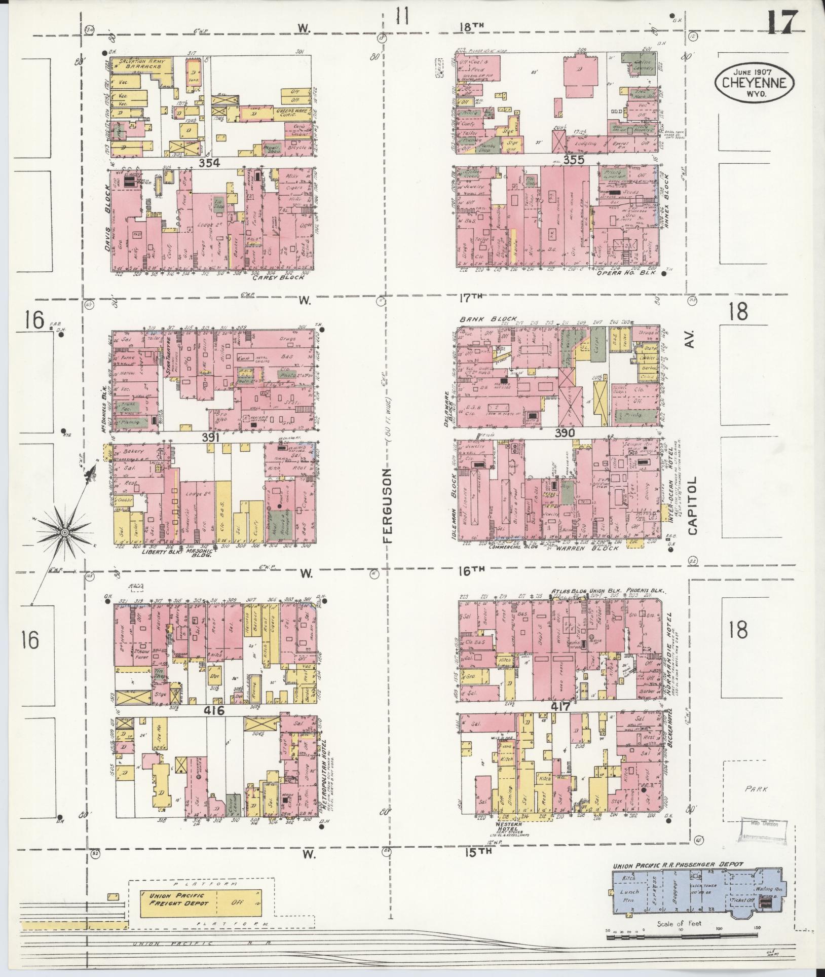 Sanborn Fire Insurance Map from Cheyenne, Laramie County, Wyoming (1907), Sheet #0017 - Complete Map Set gallery image, historic Sanborn map, vintage wall art, Wyoming Wyoming