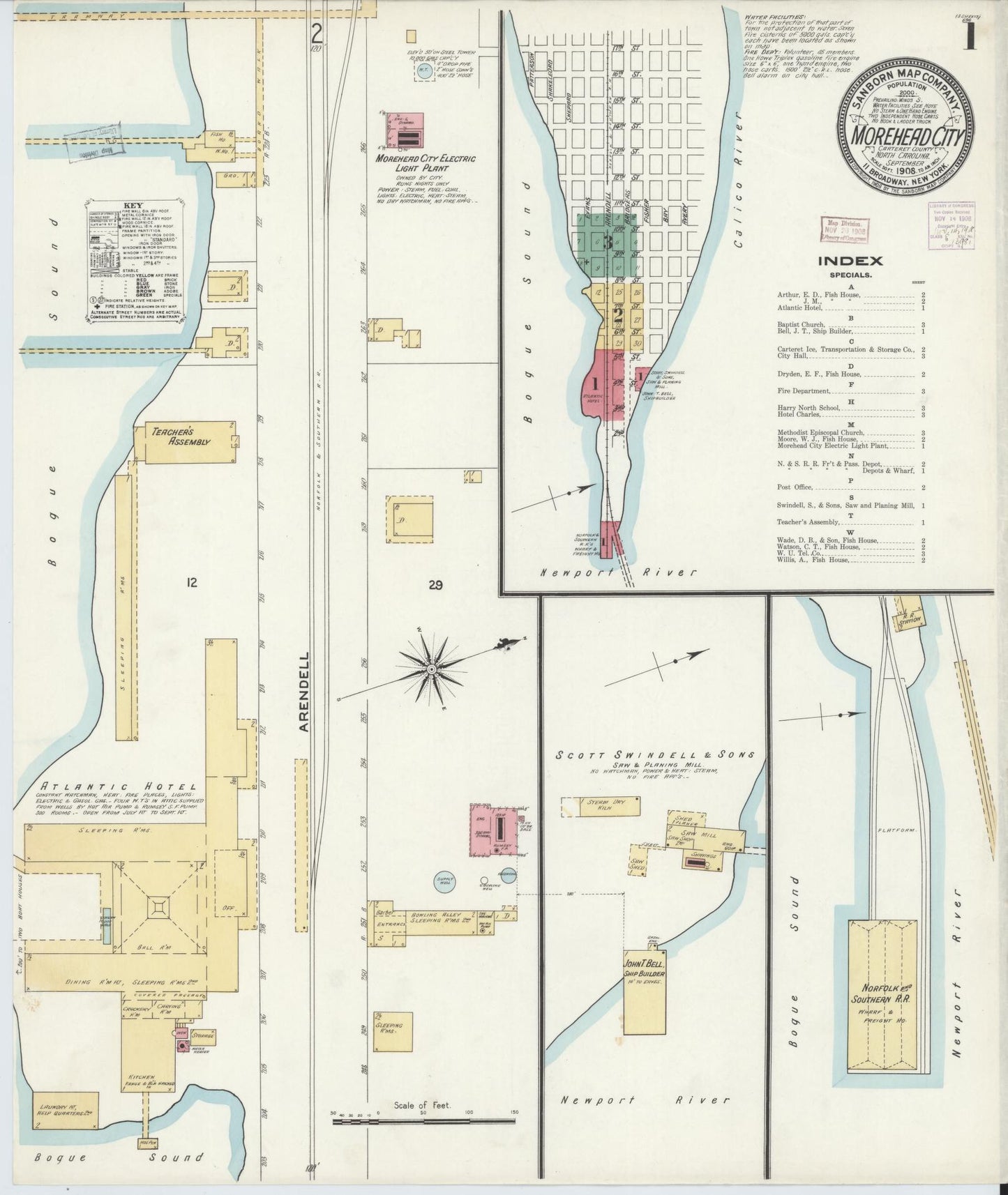 Sanborn Fire Insurance Map from Morehead City, Carteret County, North Carolina (1908), Sheet #0001 - Complete Map Set gallery image, historic Sanborn map, vintage wall art, North Carolina North Carolina