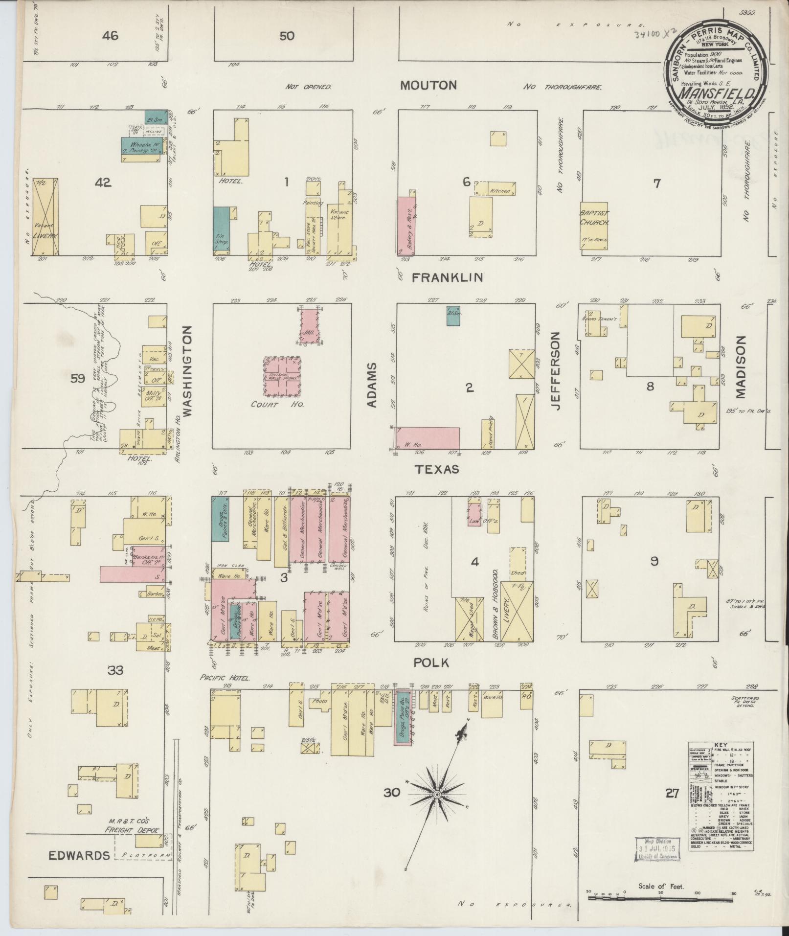 Sanborn Fire Insurance Map from Mansfield, De Soto Parish, Louisiana (1892), Sheet #0001 - Historic Sanborn Fire Insurance Map Print, vintage old map wall art, antique decor, genealogy gift, Louisiana Louisiana map