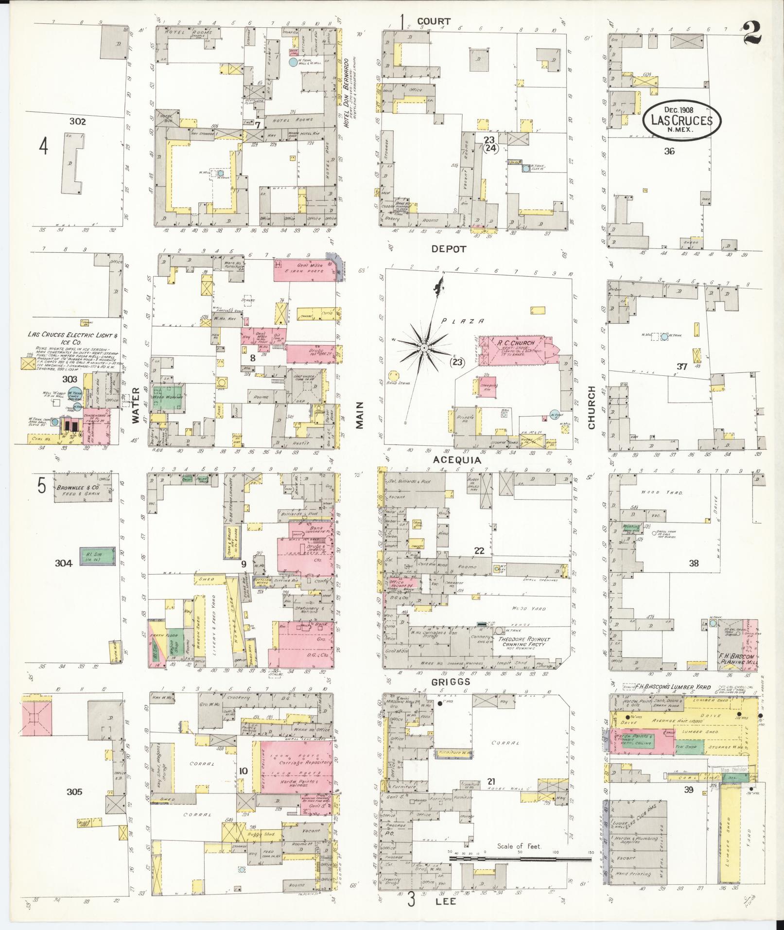 Sanborn Fire Insurance Map from Las Cruces, Dona Ana County, New Mexico (1908), Sheet #0002 - Complete Map Set gallery image, historic Sanborn map, vintage wall art, New Mexico New Mexico