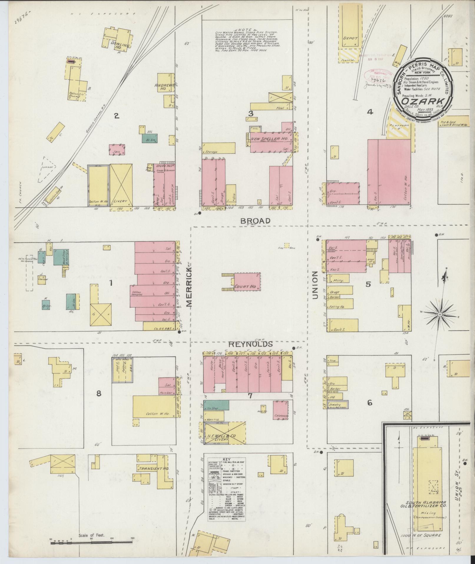 Sanborn Fire Insurance Map from Ozark, Dale County, Alabama (1893), Sheet #0001 - Historic Sanborn Fire Insurance Map Print, vintage old map wall art, antique decor, genealogy gift, Alabama Alabama map