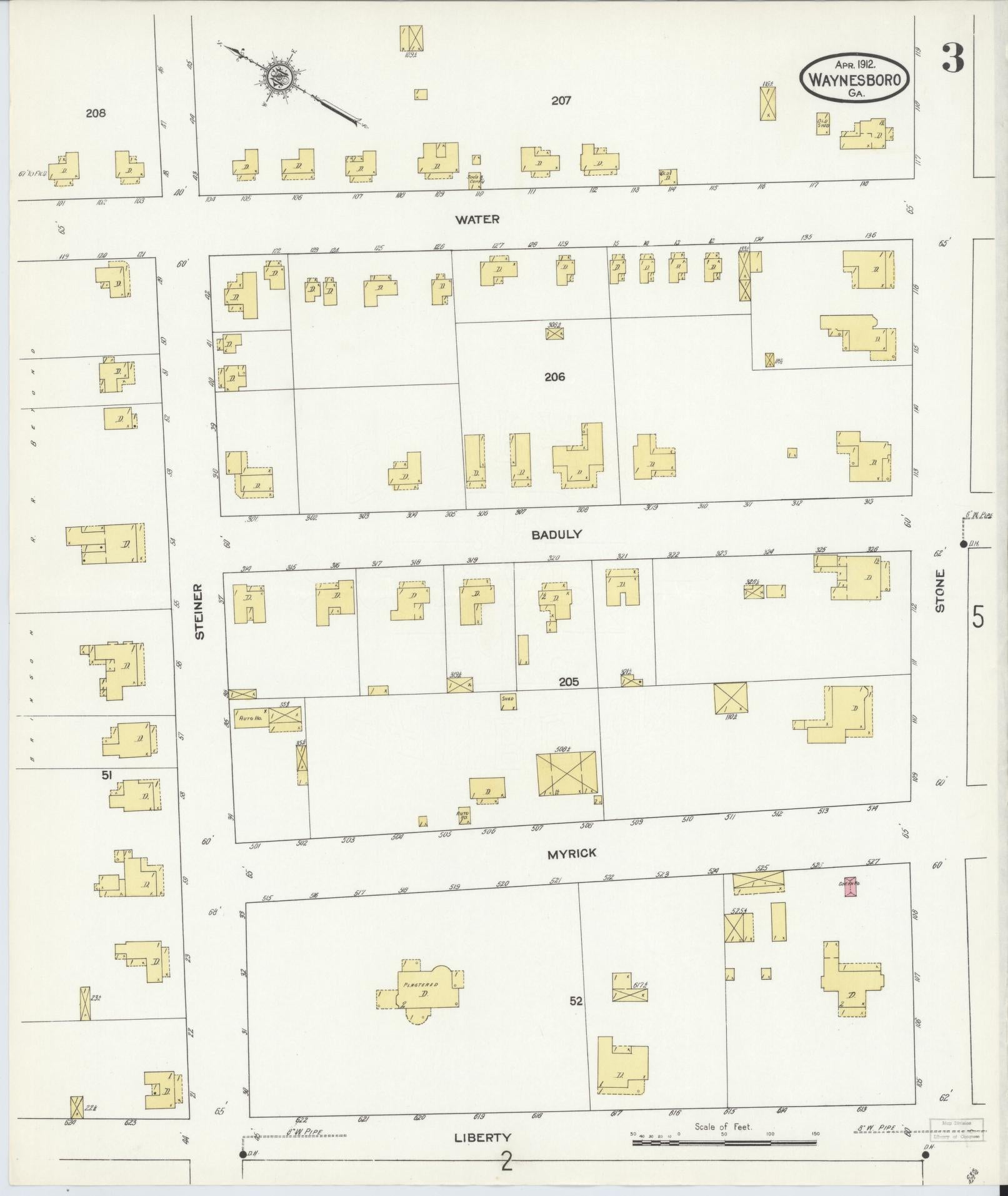 Sanborn Fire Insurance Map from Waynesboro, Burke County, Georgia (1912), Sheet #0003 - Complete Map Set gallery image, historic Sanborn map, vintage wall art, Georgia Georgia