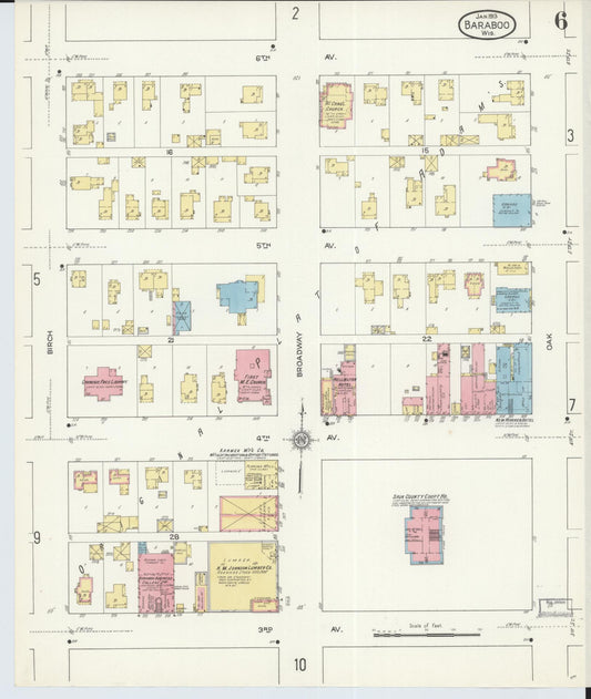 Sanborn Fire Insurance Map from Baraboo, Sauk County, Wisconsin (1913), Sheet #0006 - Historic Sanborn Fire Insurance Map Print, vintage old map wall art, antique decor, genealogy gift, Wisconsin Wisconsin map
