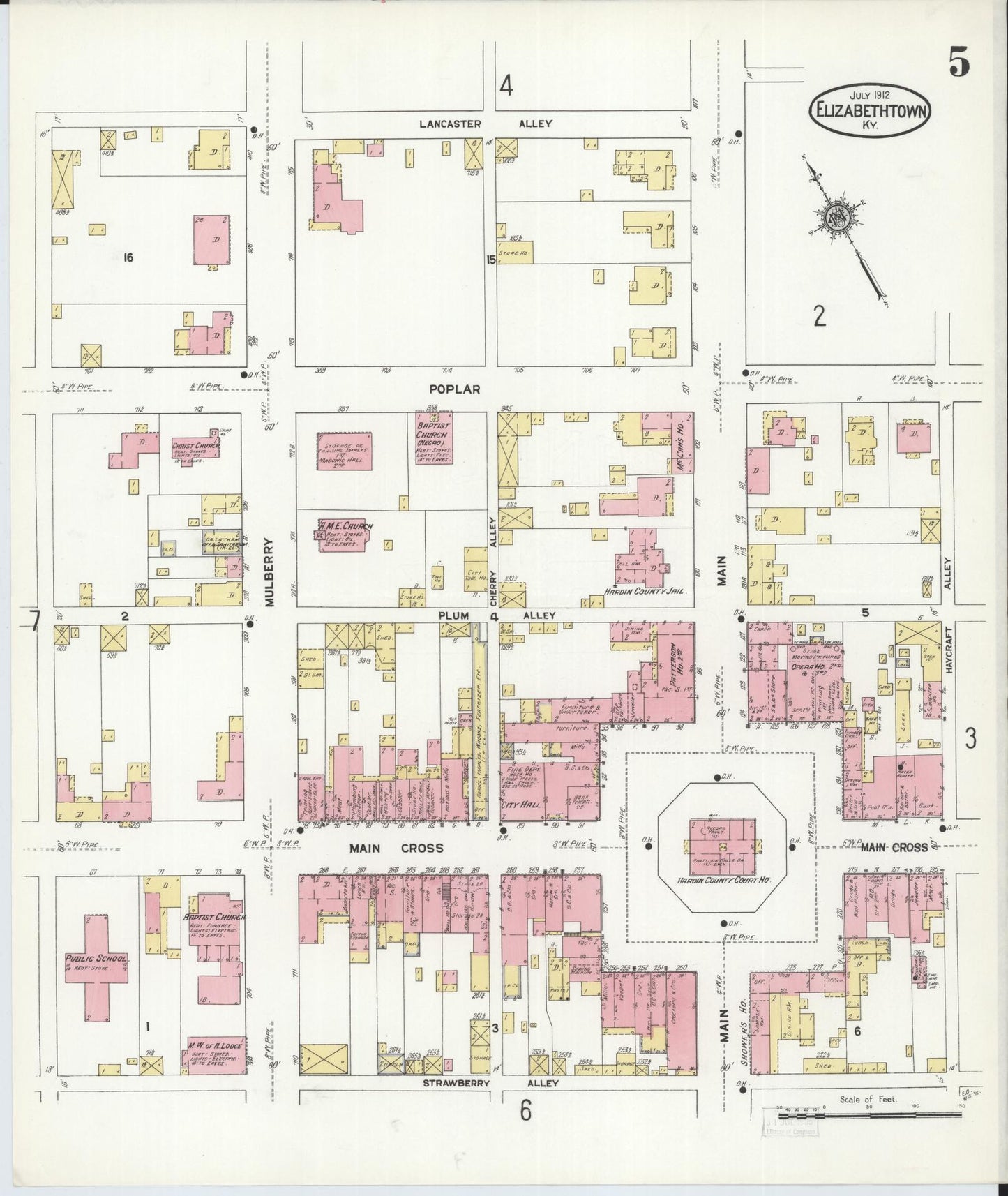 Sanborn Fire Insurance Map from Elizabethtown, Hardin County, Kentucky (1912), Sheet #0005 - Complete Map Set gallery image, historic Sanborn map, vintage wall art, Kentucky Kentucky