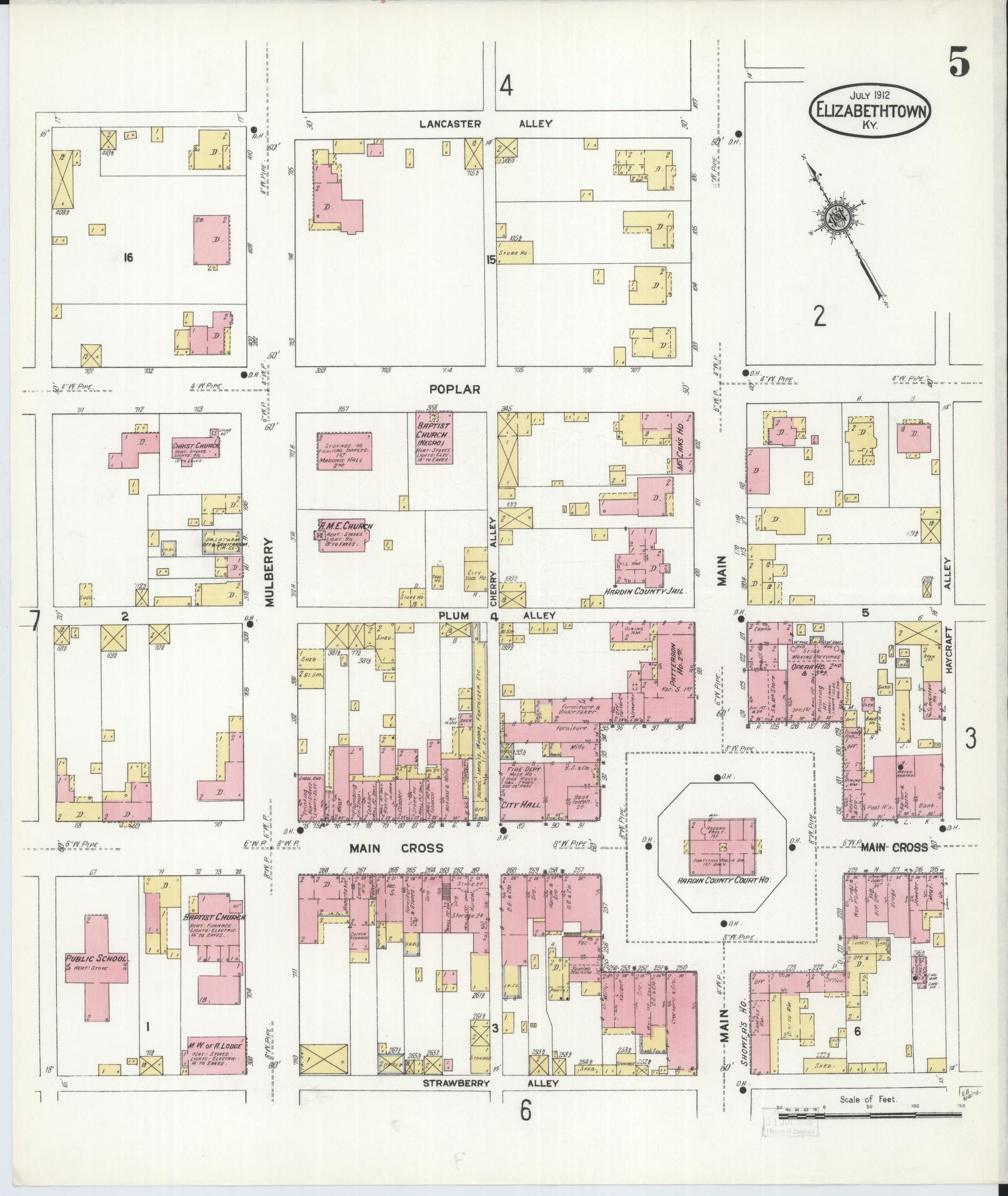 Sanborn Fire Insurance Map from Elizabethtown, Hardin County, Kentucky (1912), Sheet #0005 - Complete Map Set gallery image, historic Sanborn map, vintage wall art, Kentucky Kentucky