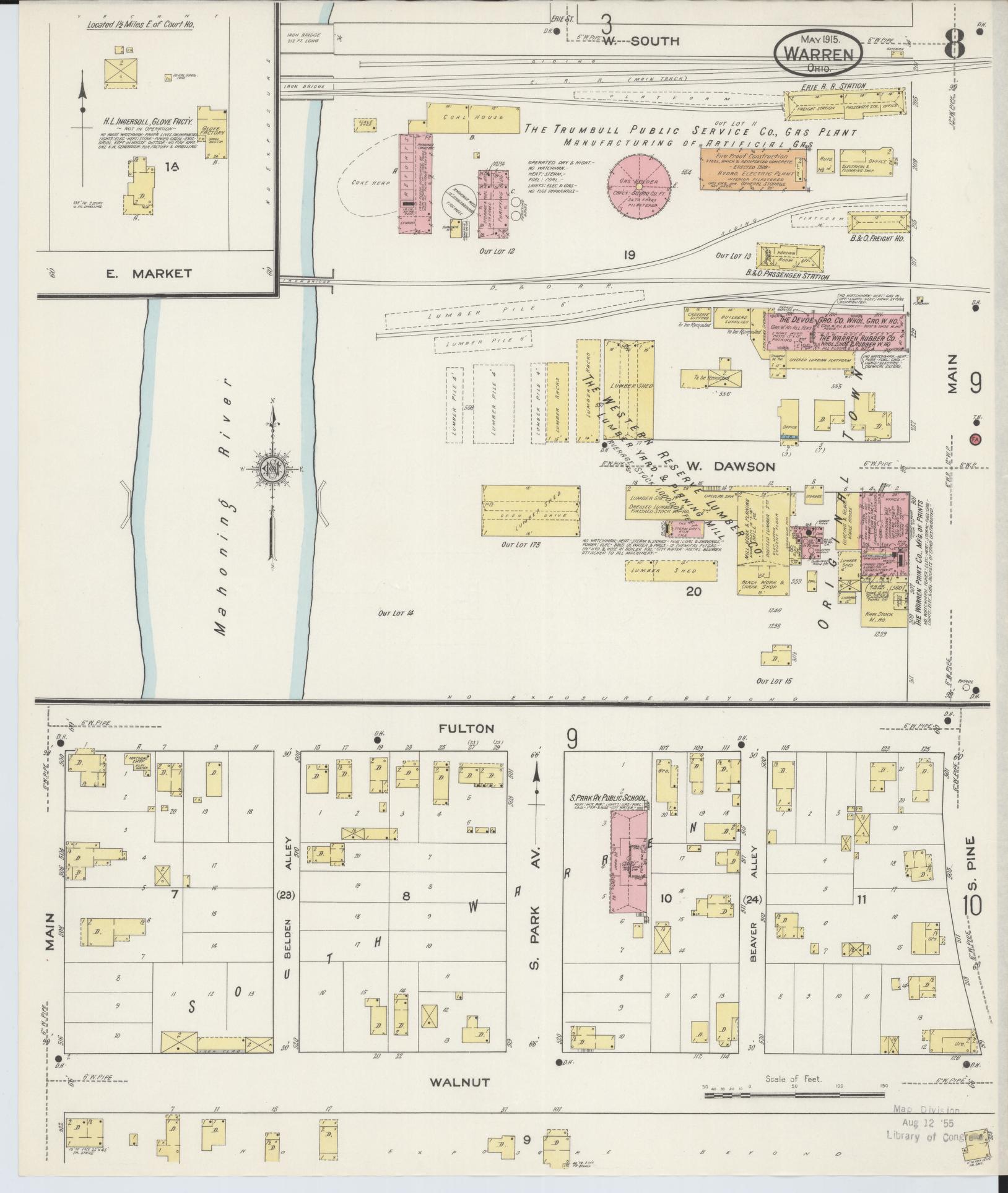 Sanborn Fire Insurance Map from Warren, Trumbull County, Ohio (1915), Sheet #0008 - Complete Map Set gallery image, historic Sanborn map, vintage wall art, Ohio Ohio