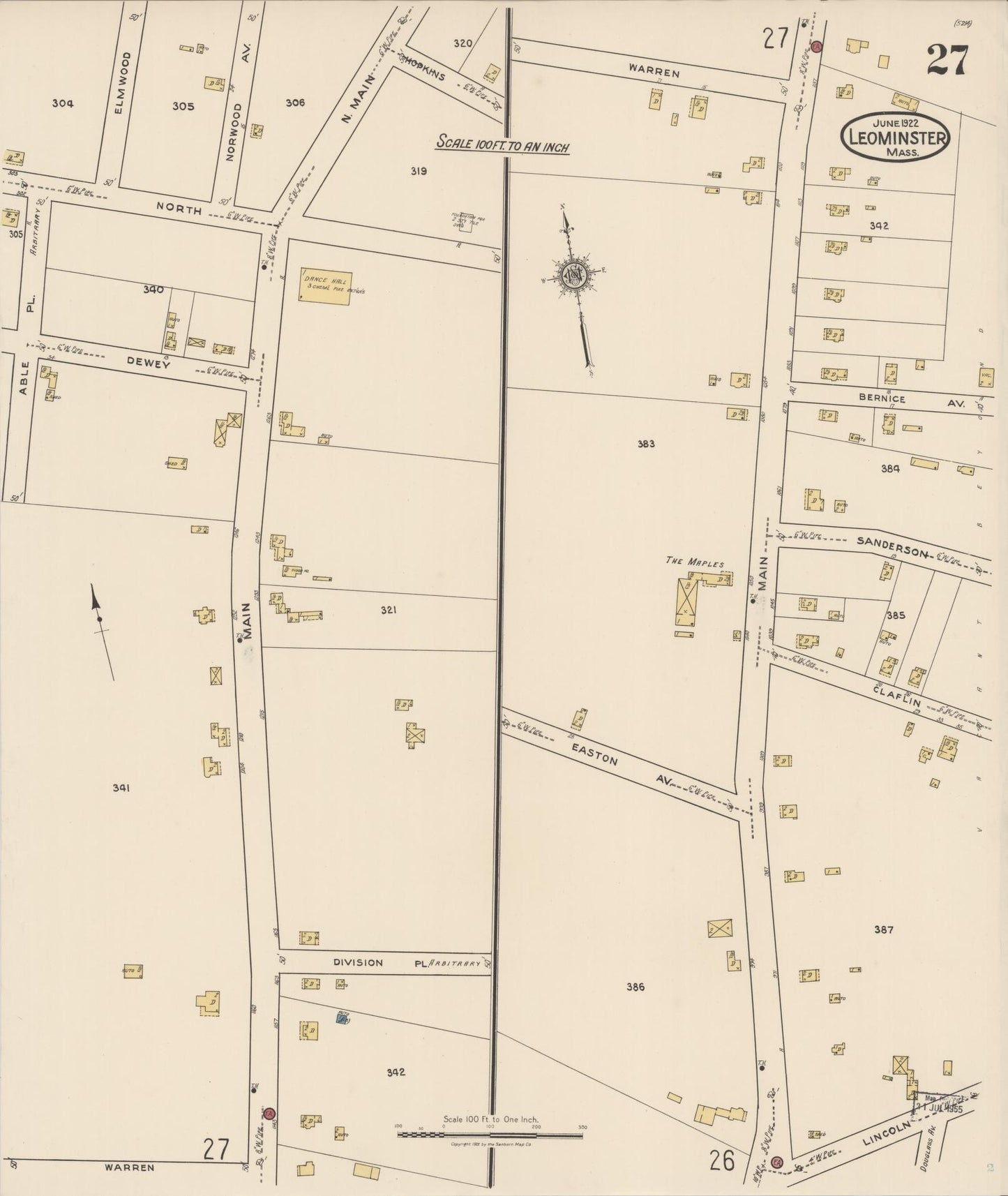 Sanborn Fire Insurance Map from Leominster, Worcester County, Massachusetts (1922), Sheet #0027 - Historic Sanborn Fire Insurance Map Print, vintage old map wall art, antique decor, genealogy gift, Massachusetts Massachusetts map