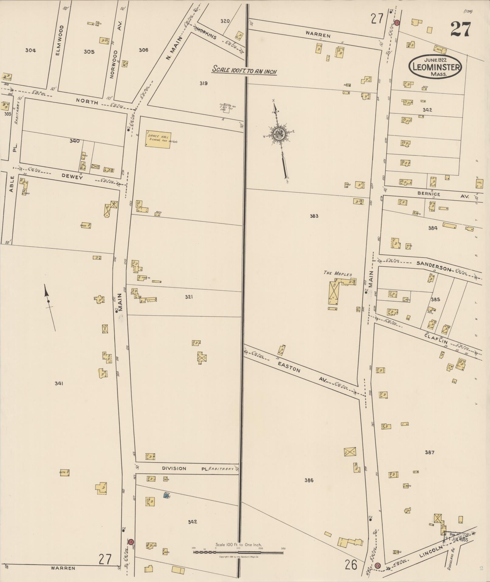 Sanborn Fire Insurance Map from Leominster, Worcester County, Massachusetts (1922), Sheet #0027 - Historic Sanborn Fire Insurance Map Print, vintage old map wall art, antique decor, genealogy gift, Massachusetts Massachusetts map