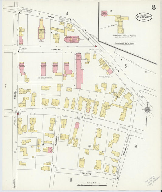 Sanborn Fire Insurance Map from Claremont, Sullivan County, New Hampshire (1910), Sheet #0008 - Historic Sanborn Fire Insurance Map Print, vintage old map wall art, antique decor, genealogy gift, New Hampshire New Hampshire map