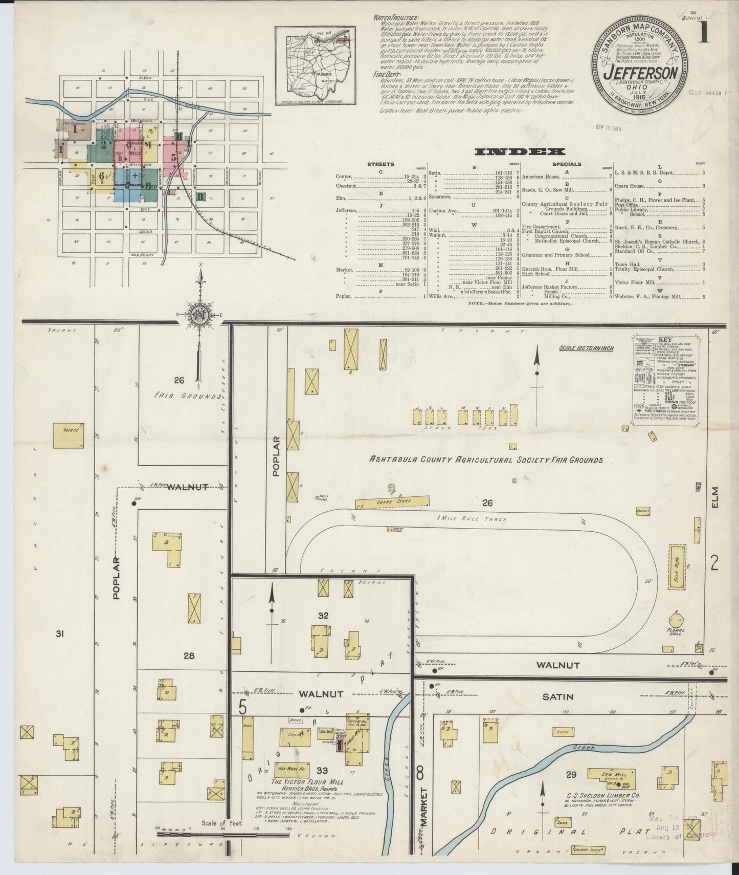 Sanborn Fire Insurance Map from Jefferson, Ashtabula County, Ohio (1915), Sheet #0001 - Historic Sanborn Fire Insurance Map Print, vintage old map wall art, antique decor, genealogy gift, Ohio Ohio map
